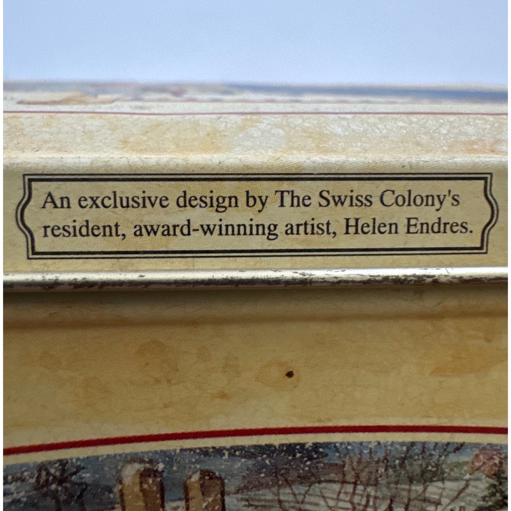 Swiss Colony VTG Xmas Tin Monroe Wisconsin Helen Endres Winter Scene brownie box - Picture 6 of 6